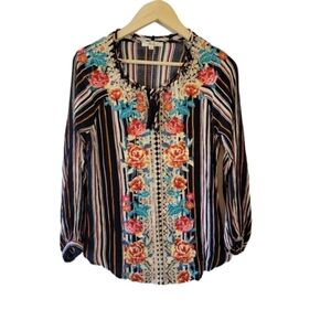 Andree Women Black/Orange Floral Embroidered Casual Top Sz S Long Sleeve Boho